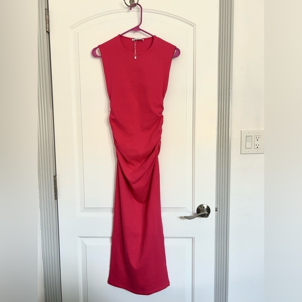 Zara Barbie Hot Pink Ruched Side Midaxi Dress size small NWOT